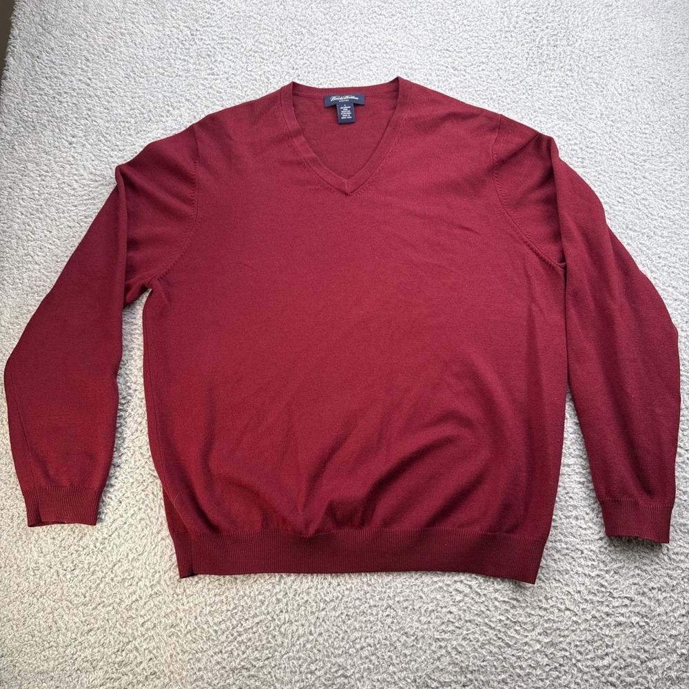 Brooks Brothers Sweater Mens Large Maroon Solid Merino Wool V-Neck Pullover